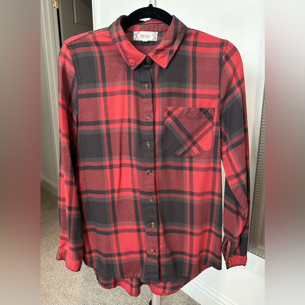 Pink Rose Red and Black Plaid Shirt